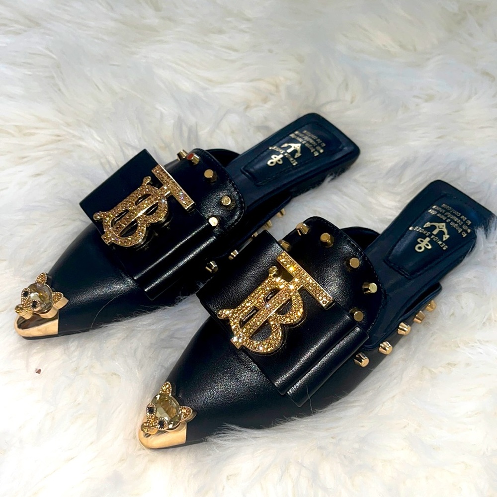 Brand New Black & Gold Slides W/ Rhinestones And Gold Kitten Tips